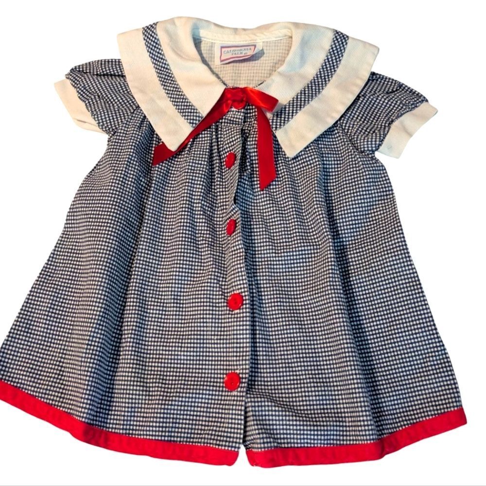 Vintage California Talk Infant Girl Red White Blue Checkered Dress‎ ribbon